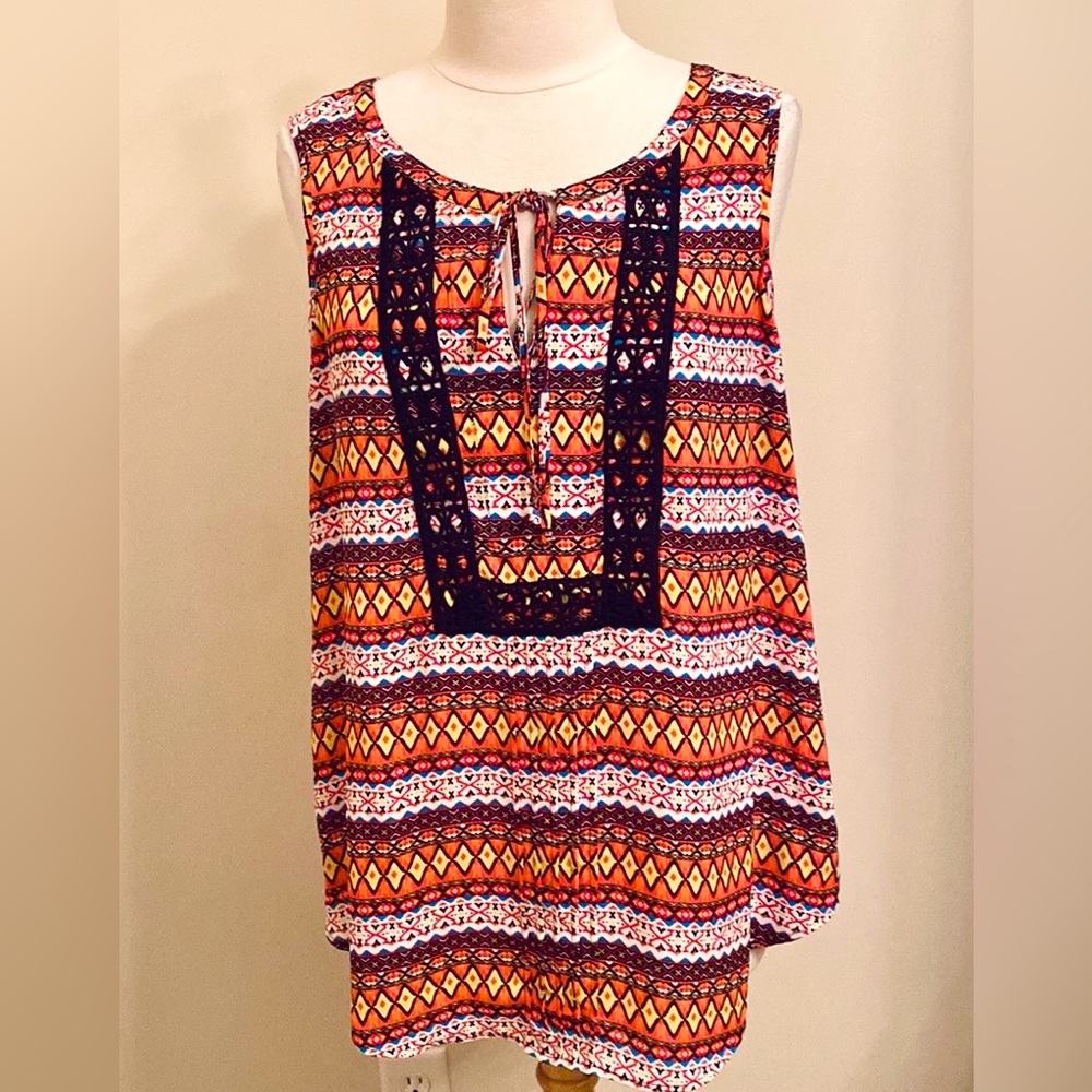 Black Rainn Black Orange Hippie Aztec XL Western Boho Chic Festival Crochet Top